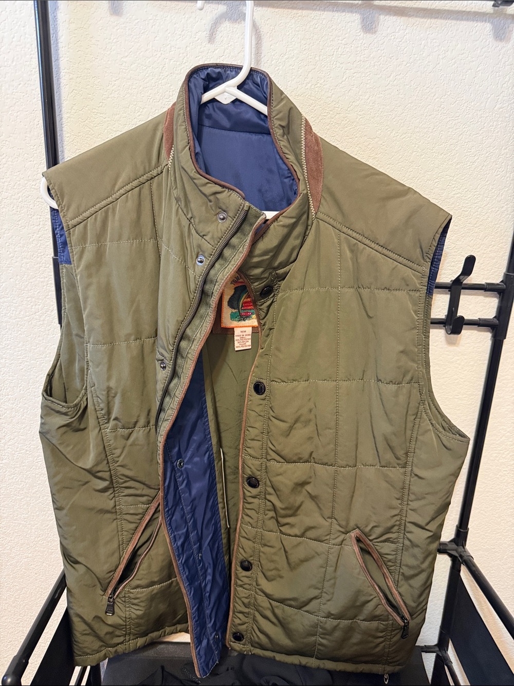 Men's Olive Quilted Vest with Navy Lining